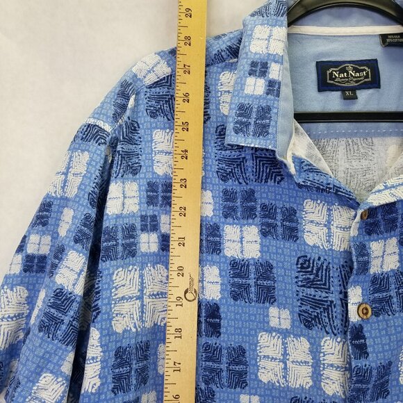 NAT NAST Button Up Shirt Men's XL Silk Blend Blue Square Hawaiian Short Sleeve - Picture 13 of 15